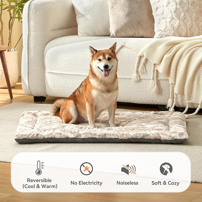 2 in 1 Dog Bed Crate Pad Mat Washable Reversible (Cool & Warm) Soft Fluffy Pet Kennel Beds for Large Medium Small Puppy Cat Sleeping Mattress Machine Wash Dog Cooling Mats (Brown, 24"*17.5"*1.5")