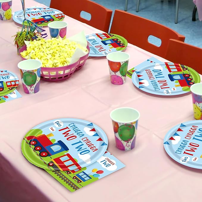 96 Pcs Train Party Plates Napkins Forks Supplies Favors Tableware Set Disposable Paper Chugga Chugga Two Two 2nd Birthday Decorations, Serves 24 Guests