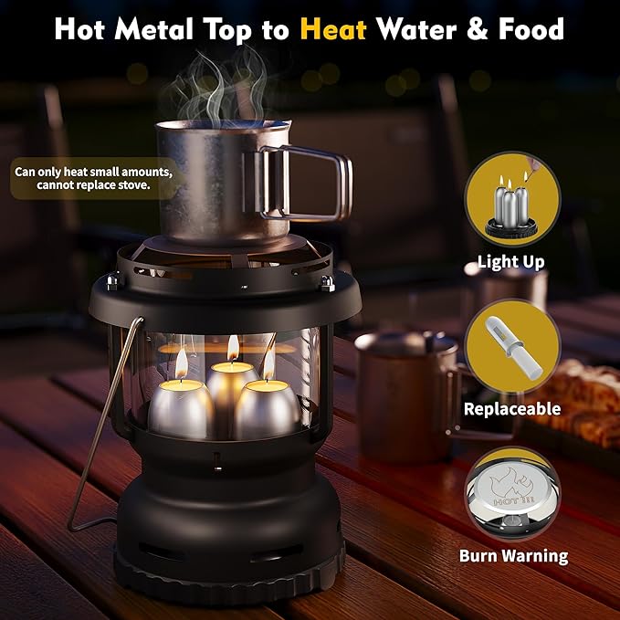 3-Wick Emergency Candle Lantern for Power Outages [18H+ Burning Time] Vintage Decorative Candle Lantern for Real Candles, Outdoor Portable Camping Survival Lighting [7.1"*5.7" - Matte Black]