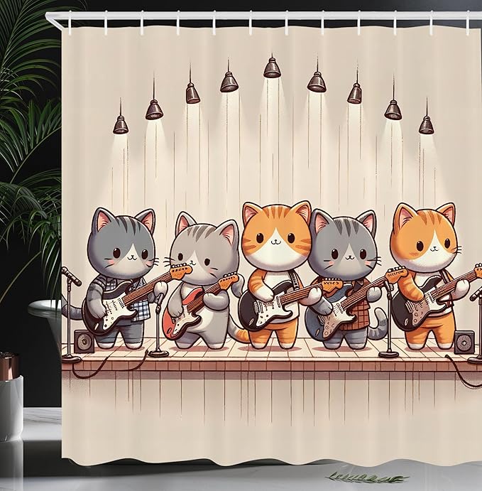 Ambesonne Cat Shower Curtain, Kawaii Kitties Playing Electric Guitars Funny Anime Animals Band Cartoon, Cloth Fabric Bathroom Decor Set with Hooks, 69" W x 84" L, Grey Orange and Pale Tan