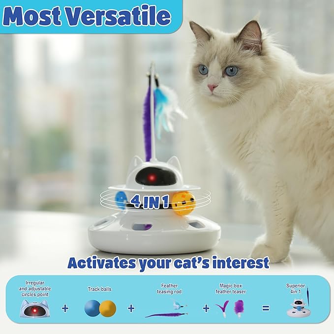 4-in-1 Interactive Cat Toy for Indoor Cats, 2024 Upgrade Automatic Cat Toy with Cat Feather Toys, Cat Teaser Toys, and Cat Ball Toy