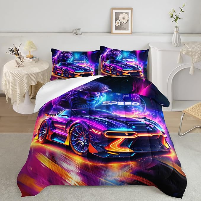 AILONEN Boys Kids Racing Car Bedding Set Full Size,Neon Speed Car & Lion Comforter with 2 Pillowcases,3 Pieces Soft Lightweight Racer Duvet Set