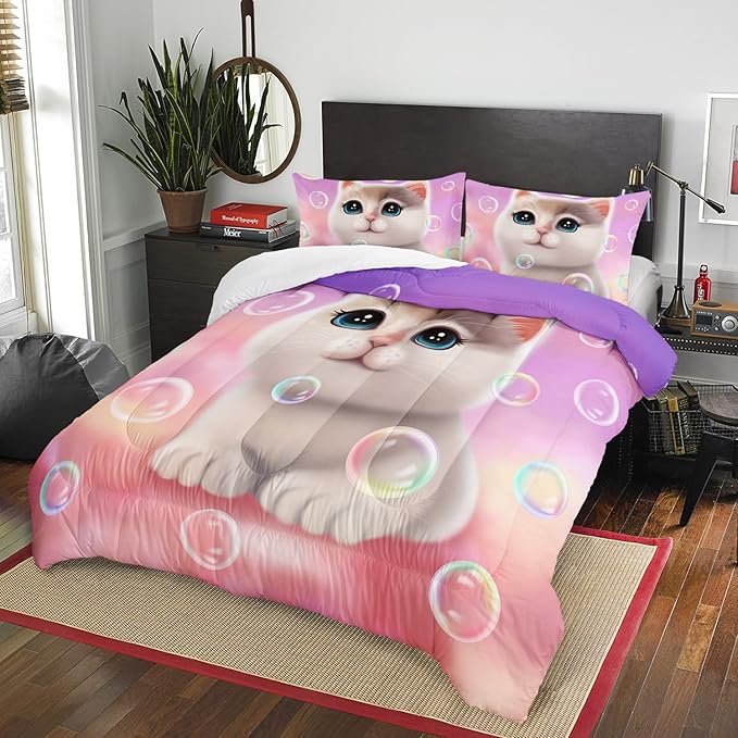 AILONEN Kawaii Cat Comforter Set Full Size, Bubble Lovely Hairy Cat Bedding for Kids Girl and Toddler,Soft and Lightweight 3Pcs (1 Comforter + 2 Pillowcases) Pink
