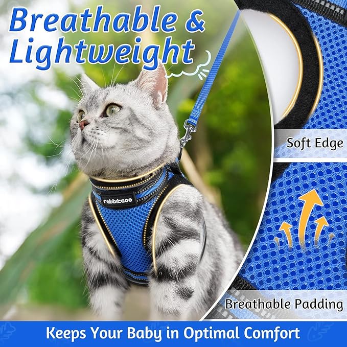 rabbitgoo Cat Harness and Leash Set for Walking Escape Proof, Adjustable Soft Kittens Vest with Reflective Strip for Cats, Comfortable Outdoor Vest, Blue, XL