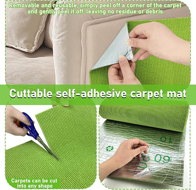 Trimmable Cat Scratching Post Carpet Covered 78.7”x15.8” Self-Adhesive Cat Tree Shelves Replacement Parts Mat Cat Scratcher for Cat Tree Shelf Steps Couch Furniture DIY Protector（Green）