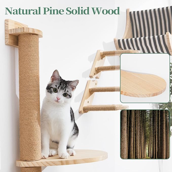 Cat Wall Shelves Scratching Posts - Wall Mounted Moon Hammock Solid Wood Stairs Cat Furniture Floating Climber Toy Hanging Holder Steps for Indoor Cats …
