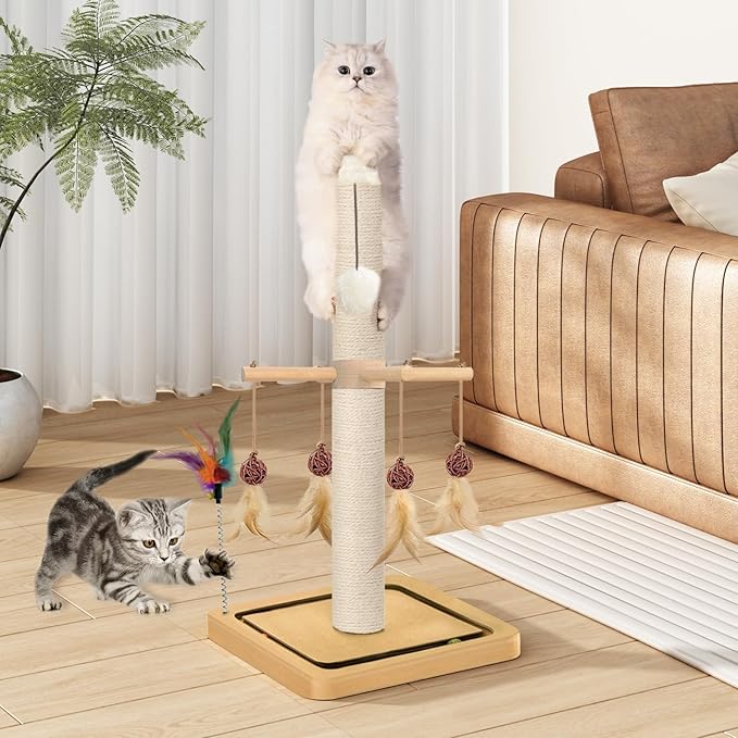 Cat Scratching Post, Sisal Scratching Posts for Indoor Cats Adults with Hanging Ball and Interactive Toys, 2 Mounting Methods Cat Scratcher for Kitten Cats, 25 inches