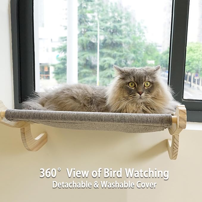 PETKARAY Cat Window Perch, Adjustable Cat Hammock for Windowsill, Indoor Window Shelves and Seat, Window Perch for Large Cats, Grey