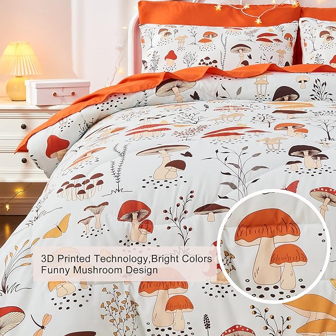 7 Piece Mushroom Comforter Set Full Size,Plant Wild Mushroom Comforter with Sheet Set Bed in A Bag for Kids Boys Girls,Full(1 Comforter, 1 Flat Sheet, 1 Fitted Sheet, 4 Pillowcases)