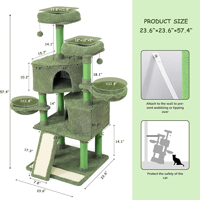 Mile High Life | Multi-Level Cat Tree Condo 58" for Large Cats | Hammock and Sisal Covered Scratching Post Tree for Kittens | Tall Cat Climbing Stand with Cute Hanging Ball & Toys for Play Houses