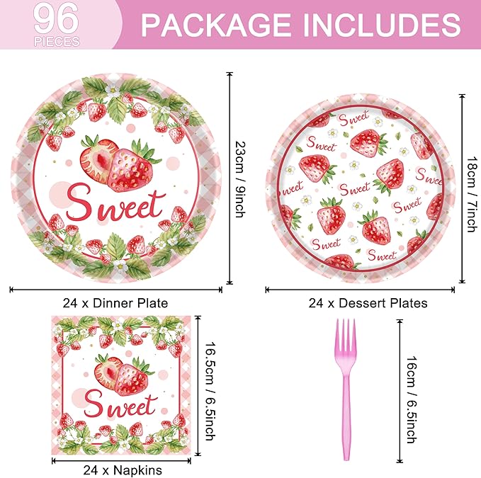 96 Pcs Strawberry Plates and Napkins Party Supplies, Disposable Forks Summer Fruit Paper Dessert Tableware Decorations Birthday Table Dinnerware Favors Set, Serves 24