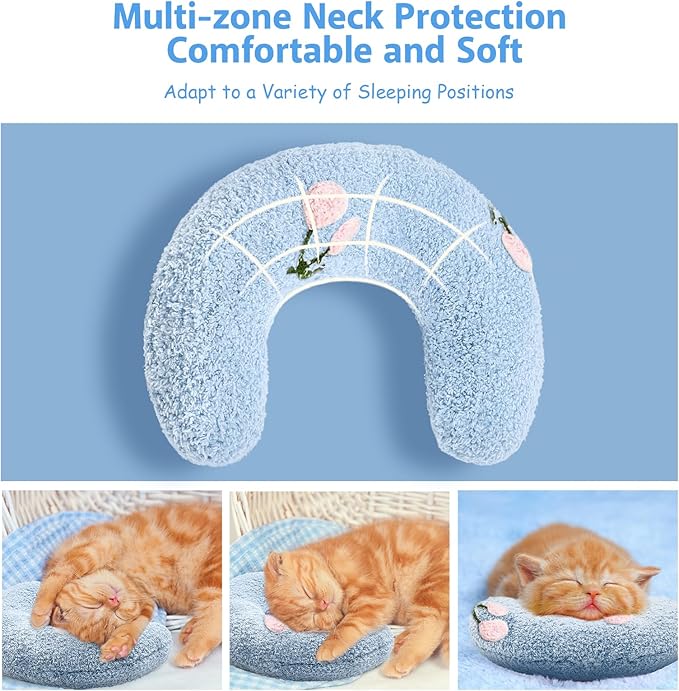 ucho Pillow for Cats, Soft Fluffy Cat Neck Pillow, U-Shaped Pillow for Pet, Pet Calming Toy Half Donut Cuddler for Joint Relief Sleeping Improve Machine Washable (Blue)