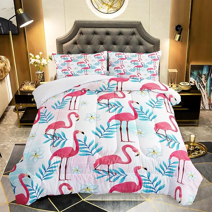 AILONEN Flamingo Comforter Set for Girls Kids, Tropical Flamingo Pattern Bedding Set Full Size,Superior Quilt Ultra Soft,3 Piece 1 Comforter and 2 Pillowcases,Microfiber Fabric