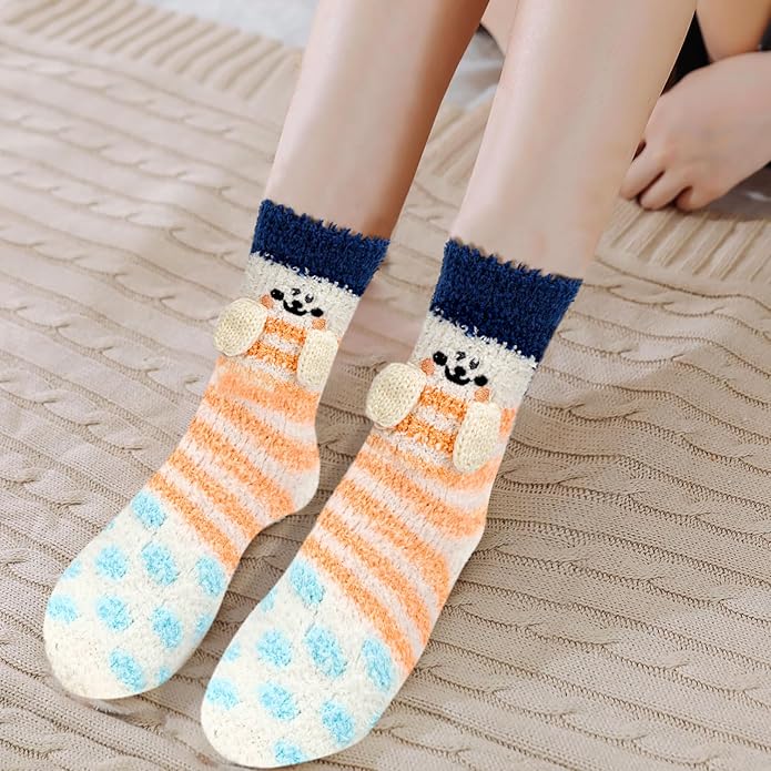 3-6 Pairs Womens Fuzzy Socks Cozy Fluffy Slipper Socks Cute Soft Cat Animal Winter Warm Sleep Socks Gifts