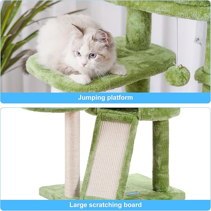 Hey-brother Cat Tree with Scratching Board, Cat Tower with Padded Plush Perch and Cozy Basket, Multi-Platform for Jump, Green MPJ005GR