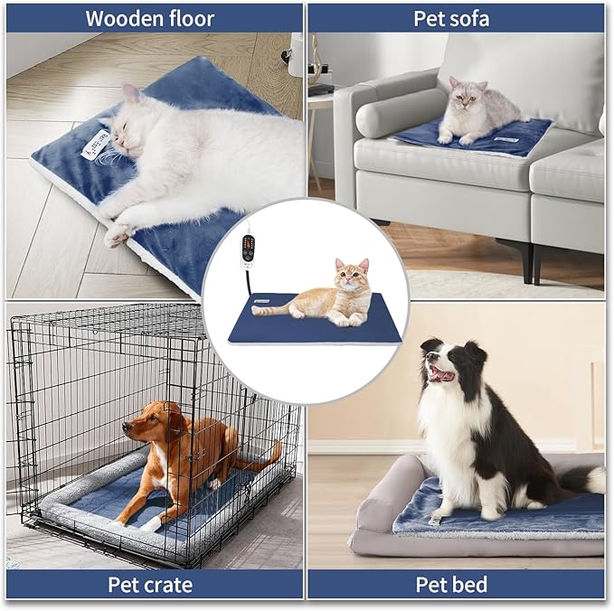 Rest-Eazzzy Cat Heating Pad, Cat Bed with Removable Cover Heated Cat Bed 5 Level Timer and 5 Level Temperature, Cat Beds for Indoor Warming Mat for Cat Dog(Heat pad, Pure-Blue,2pcs)