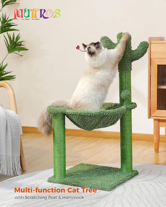 Cat Tree Tower for Kitten with Hammock, Cat Scratching Post for Indoor Medium Cats with Large Perch Dangling Ball and Full Wrapped Natural Sisal Rope Green M