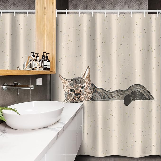 Ambesonne Cat Stall Shower Curtain, Lazy Sleepy Cat in Earth Tones Furry Mascot Indoor Pet Art Illustration, Fabric Bathroom Decor Set with Hooks, 54" W x 78" L, Grey Beige