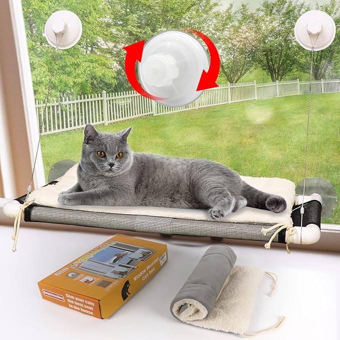 ZALALOVA Cat Perch, Cat Window Seat Large Sturdy Cat Bed Fleece Blanket 2024 Latest Screw Suction Cups Cat Resting with Blanket(Brown)
