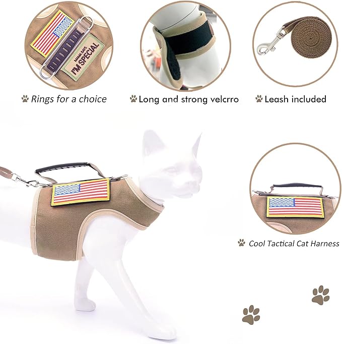 Tactical Cat Harness and Leash for Walking Escape Proof, Adjustable Cat Walking Jackets, Padded Stylish Cat Vest, Khaki, Medium