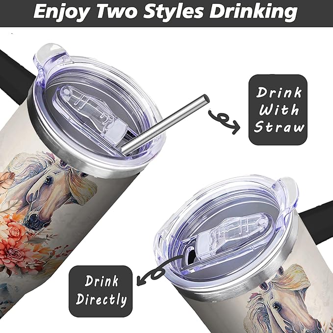 40 Oz Horse Tumbler with Straw and Handle, Double Wall Stainless Steel Horse Mugs for Horse Lovers, Horse Gifts for Women Insulated Horse Cups, 40 Oz Horse Coffee Cup Gifts for Horse Lovers Women