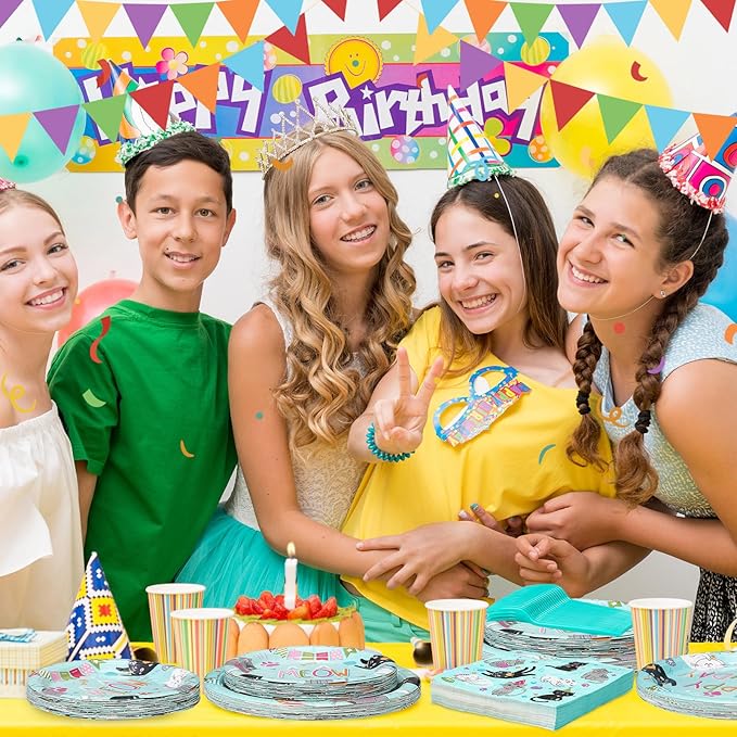122 Pcs Cat Birthday Party Supplies Disposable Cat Themed Tableware Include 24 Dinner Plates 24 Dessert Plates 50 Paper Napkins 24 Forks Kitten Birthday Party Decoration for 24 Guests (Green)