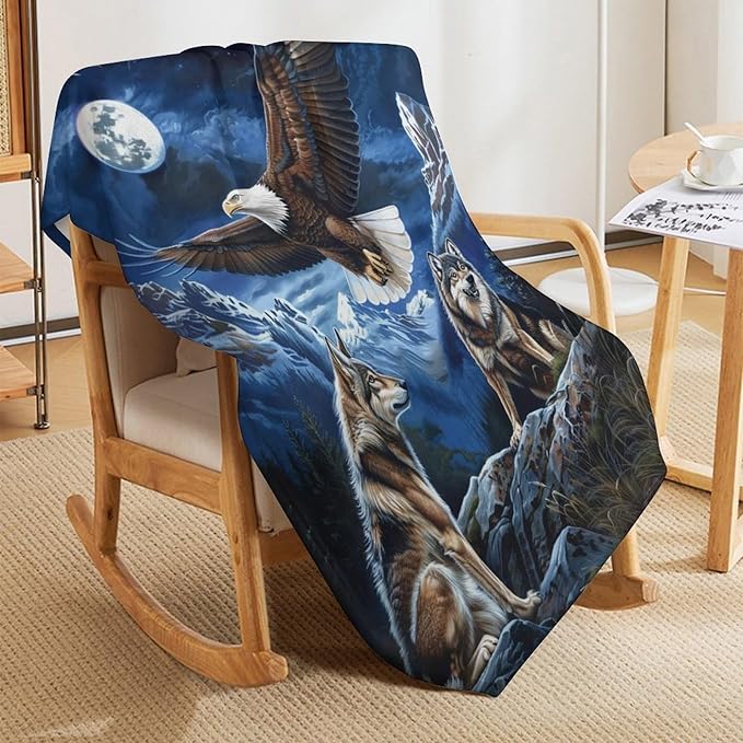 Bald Eagle Wolf Throw Blanket Wild Animal Mountain Moon Night Wolves Print Blankets Gifts Couch Sofa Bed Stuff Decor Soft Cozy Lightweight Fleece Plush Flannel Bedding for Lover Men Women 50"x60"