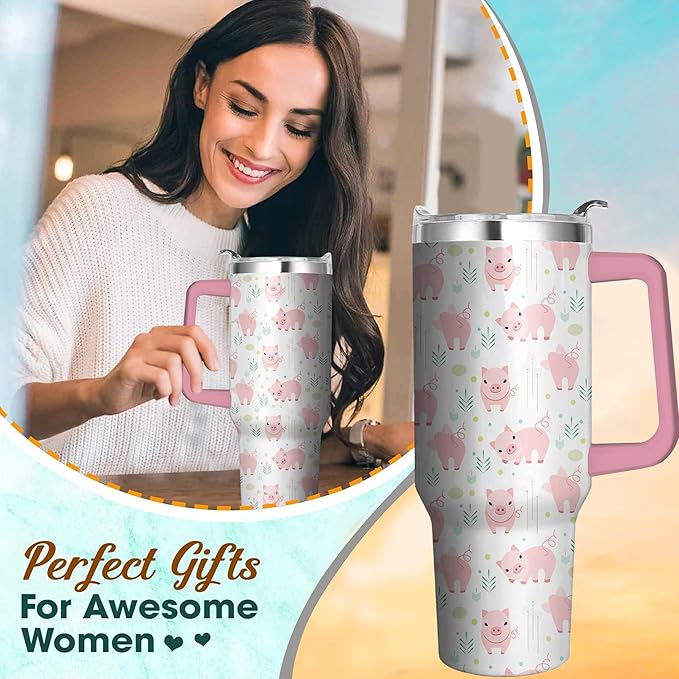 40 Oz Pig Tumbler with Handle and Straw, Double Wall Stainless Steel Pig Coffee Cup, Pig Mug Insulated Pig Cups for Women, 40 Oz Leak Proof Pig Coffee Mug for Women and Pig Gifts for Women