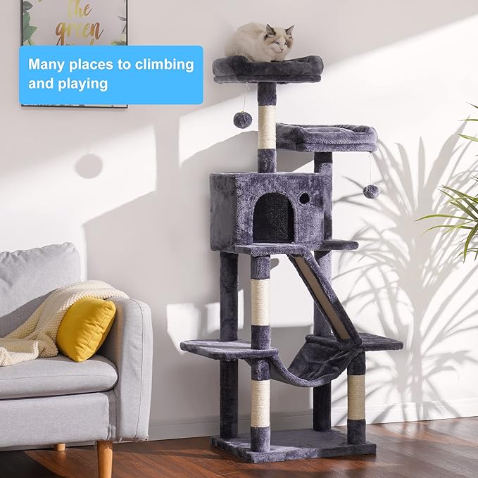 Hey-brother Cat Tree Tower, 57" Cat Tower with Scratching Posts, Multi-Level with hammocks, Toys, cat condo and Scratching Board, Smoky Gray MPJ028G
