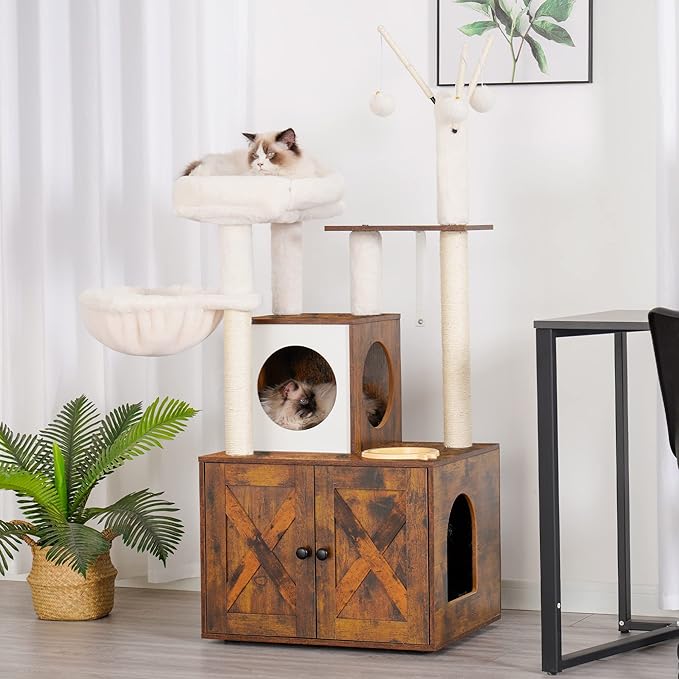 Heybly Cat Tree, Wood Litter Box Enclosure with Food Station, All-in-one Indoor Cat Furniture with Large Platform and Condo, Modern Style Cat Tower, Hammock, Rustic Brown HCT102SR