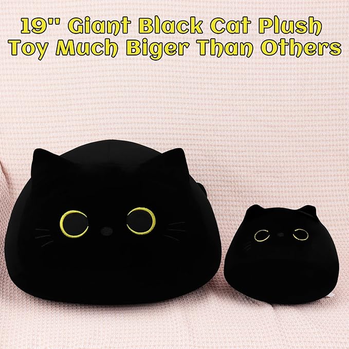 Auspicious Beginning Giant Black Cat Plush Toy - 19'' Stuffed Animal, Kawaii Plushie Cat Pillow, Halloween Decor Plush Gift for Kids