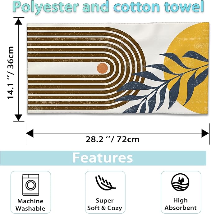 2 Pack Hand Bath Towel,Boho Sun and Leaves Fingertip Towel Bathtub Decorative Bath Towel Bathroom Kitchen Towel Set Highly Absorbent SPA Gym Towels 14x28 Inch