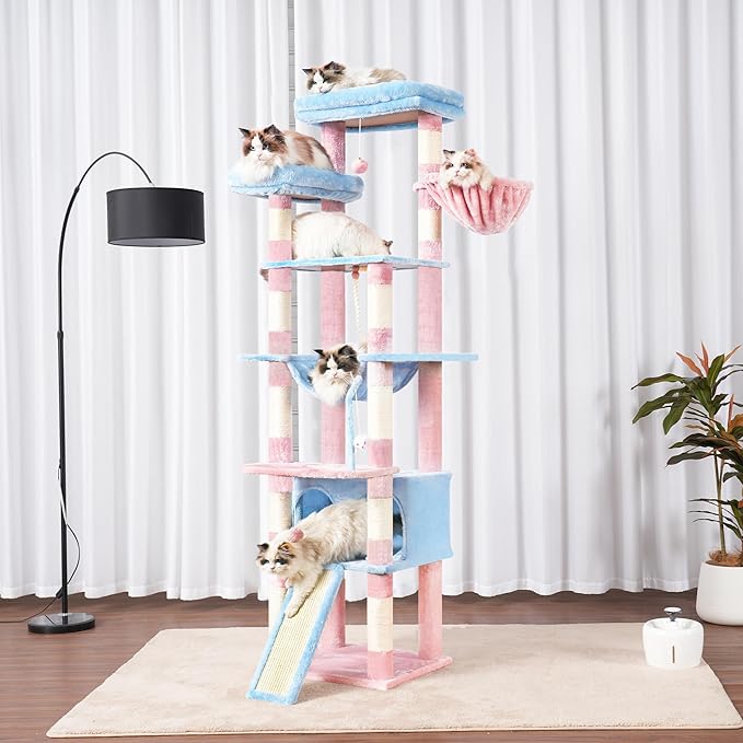 Heybly Tall Cat Tree,78 inch Multi-Level Cat Tower for Indoor Cats,2 Widened Plush Perches Cat Condo with Scratching Board and Big Caves,Blue and Pink HCT033BP