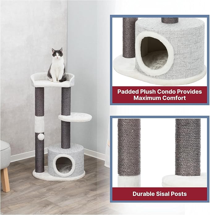 TRIXIE Pilar Cat Scratching Post 39.4 Inch - with Durable Sisal Rope (Gray) and Condo, Two Platforms, Top Platform with Backrest & Dangling Cat Toy - in Gray