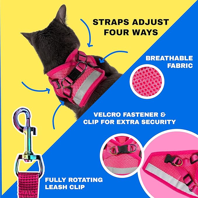 Travel Cat The Purrfectly Pink Harness & Leash Set - Adjustable Fit Mesh Cat Harness with Reflective Strap - Escape-Proof Harness for Cats, Kittens for Outdoor Walking, Hiking (Large)