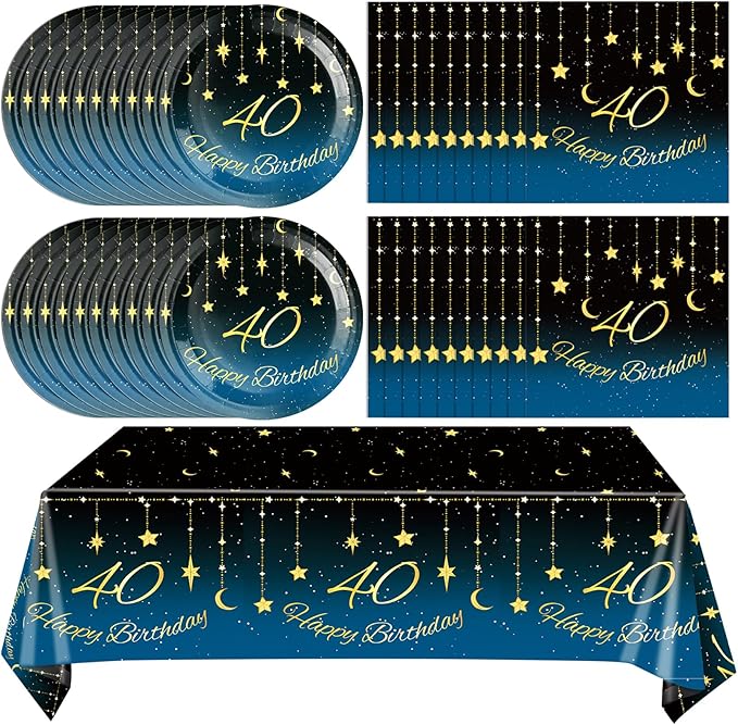 40th Birthday Party Decorations, 41Pcs Starry Galaxy Party Supplies Includes 20 Plate 20 Napkins and 1 Tablecloth, 40 Years Old Birthday Theme Party Decorations for Mens Women Birthday Party Favors