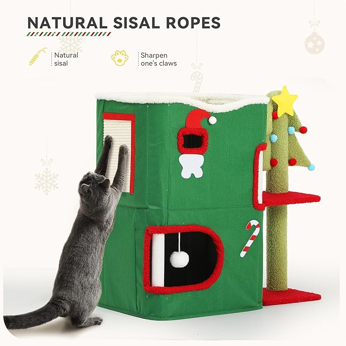 YITAHOME Christmas 2-Tier Cat House, Indoor Cat Cave Bed Playhouse, Covered Cat Beds & Furniture with Scratch Pad and Hideaway Cave,Christmas Cute Modern Cat Condo Furniture for Multi Small Cats