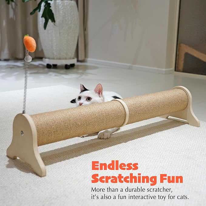 PETKARAY Horizontal Scratching Post, 30" Sisal Cat Scratch Post, Large Cat Scratcher with Spring Toy, Protect Furniture for Indoor Kitten