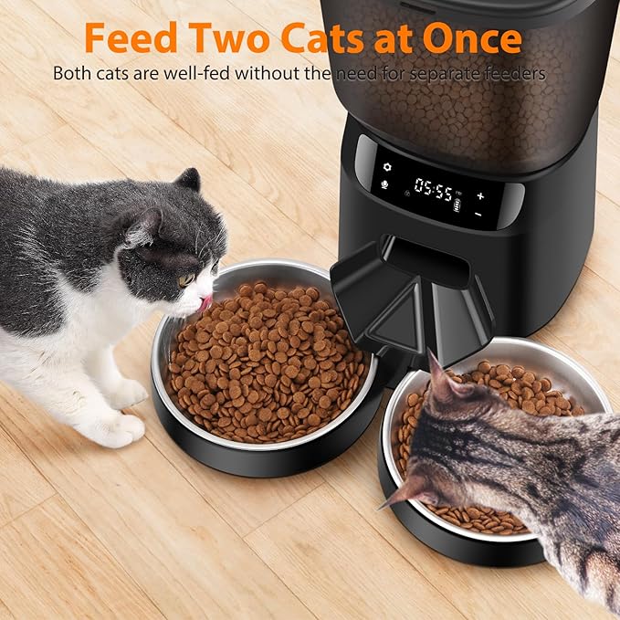 Automatic Cat Feeders for Two Cats, 5L/20 Cups Double Automatic Cat Food Dispenser with 2 Stainless Bowls,10s Meal Call and Timer Setting 20 Portions 6 Meals Per Day,Pet Feeder for Cat and Dog Black