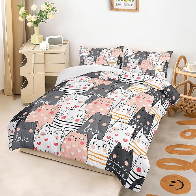 AILONEN Funny Cute Kitten Comforter Set - Twin Size, 3-Piece Hearts Cat Bedding with 2 Pillowcases, All Season