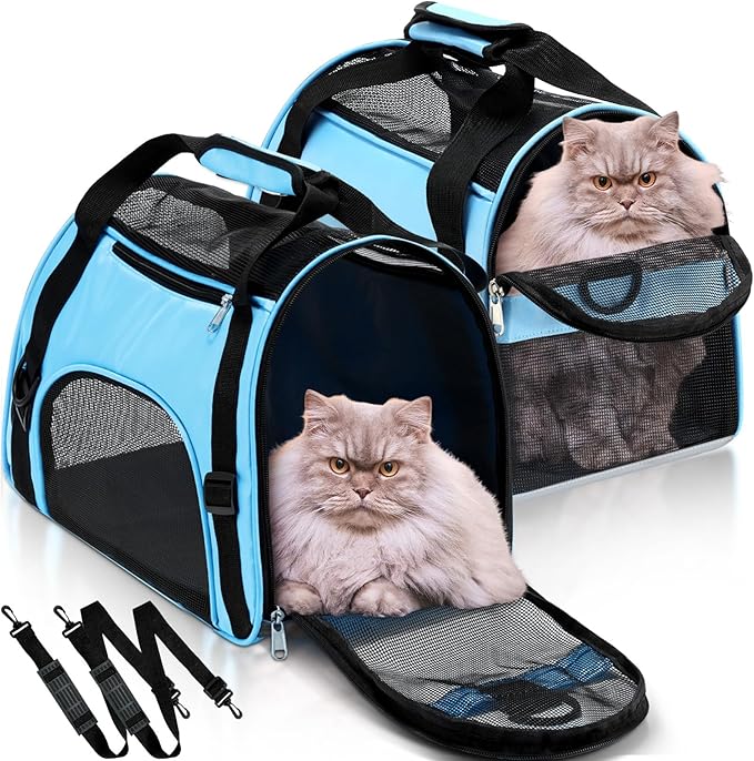 2 Pcs Pet Carrier, Soft Sided Pet Travel Carrier for Cats, Airline Approved Kitty Portable Dog Bags for Traveling Little Dogs, Rabbits, Puppy, Cat(S,Blue)