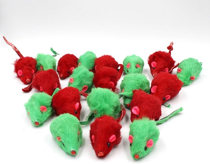 20 Christmas Holiday Mice with Catnip and Rattle Sound Made of Real Rabbit Fur Interactive Catch Play Mouse Toy for Cat, Pack of 20 Mice