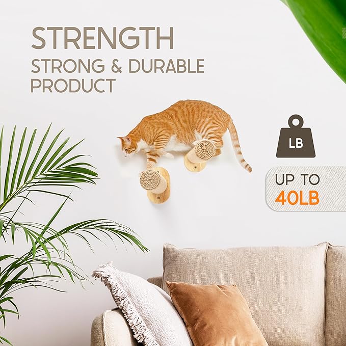 2-Pack Cat Wall Steps - Wooden Cat Shelves for Wall Mounting, Cat Wall Shelves and Perches for Kittens & Adult Cats - Cat Wall Furniture Set with Jute Rope for Scratching, Kneading, Climbing.