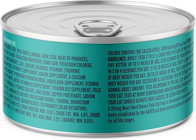 A Strong Heart Canned Wet Cat Food, Beef Dinner Paté - 3 oz Cans (Pack of 24), Made in The USA with Real Beef