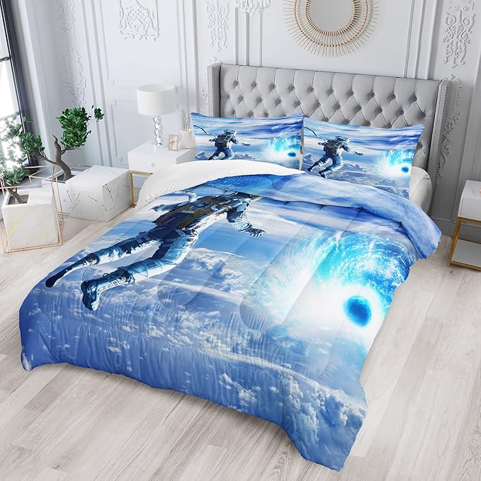 AILONEN Astronaut Comforter Set for Teens Boys Kids Girls, Space Astronaut Bedding Set Queen Size,Outer Space Themed Quilted Duvet Bed Set,Planet Quilt,1 Comforter 2 Pillowcases 3 Piece