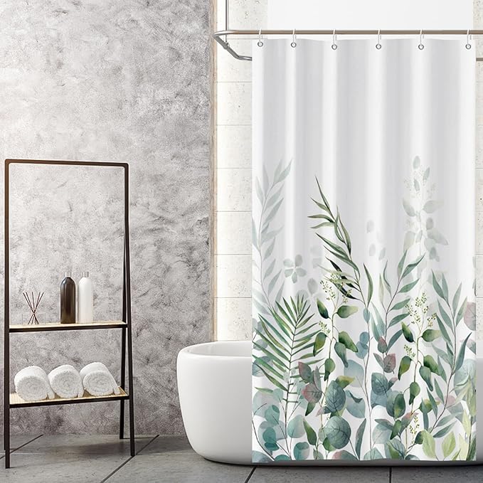 AWERT Shower Curtain Plants for Bathroom,Waterproof Quick-Drying Green Leaves Shower Curtain Set with Hooks 48x72 Inch