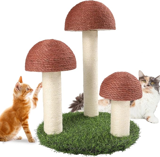 PowerKing Cat Scratching Post, Mushroom Claw Scratching Post for Cat, Natural Sisal Cat Scratchers with 3 Mushroom Pole, Cat Interactive Toys