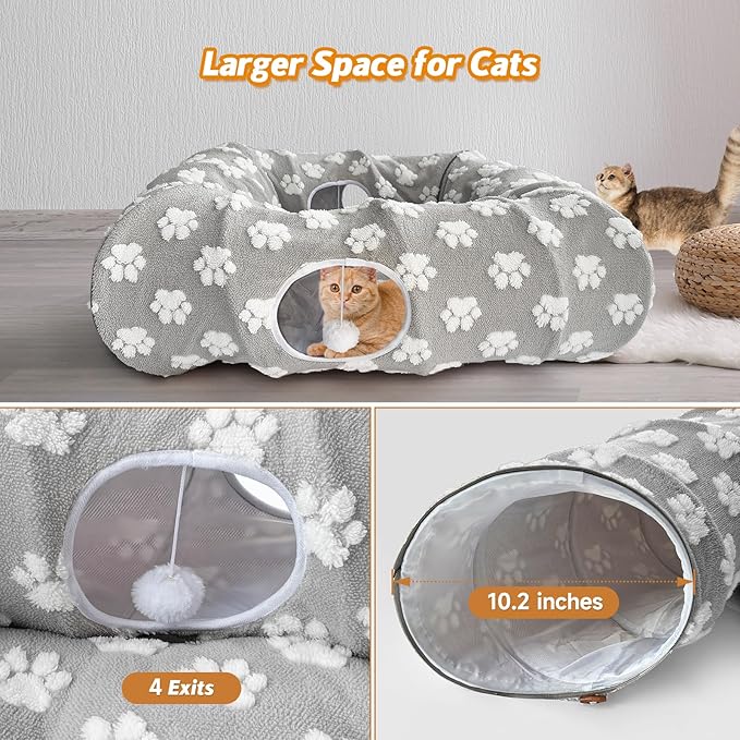110" Cat Tunnel Bed for Indoor Cats, Foldable Large Peekaboo Cat Cave Donut with 4 Toys Balls and 4 Caves Holes for Kittens, Rabbits, Ferret Tunnel and Tubes