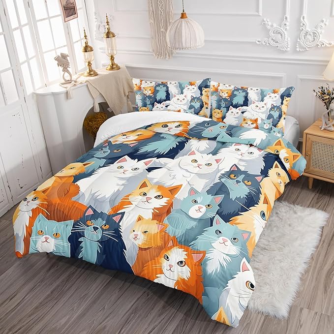 AILONEN Cartoon Cat Comforter Set Queen Size, Cute Pet Cat Bedding Set,Girls Kids Kawaii Duvet Set 3 Pieces, 1 Quilt and 2 Pillowcases