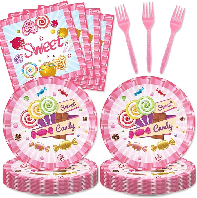 48Pcs Candyland Party Decorations Candy Land Party Decorations Include Pink Birthday Baby Shower Forks, Plates and Napkins Supplies